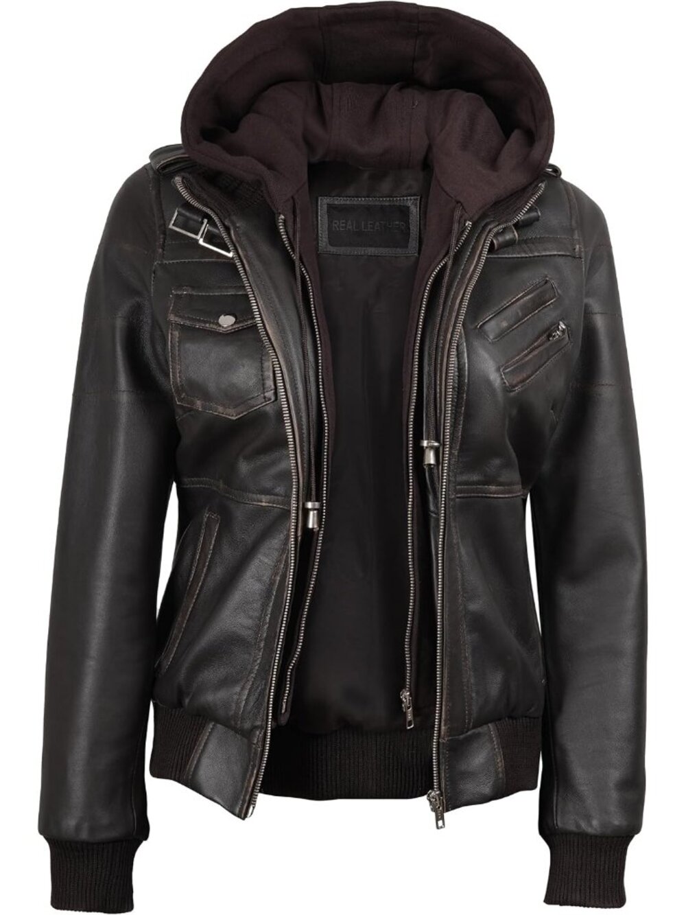 Women’s Rub Off  Leather Bomber Jacket Detachable Hood Casual Stylish Coat
